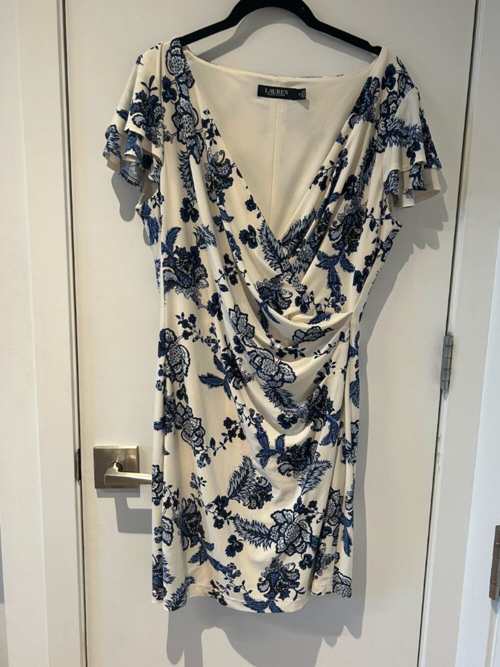 Lauren by Ralph Lauren Blue and White Floral Faux Wrap Sheath Dress